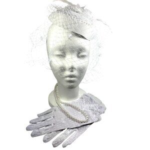Vintage Style Bridal Fascinator Gloves Pearl Set White Wedding Costume